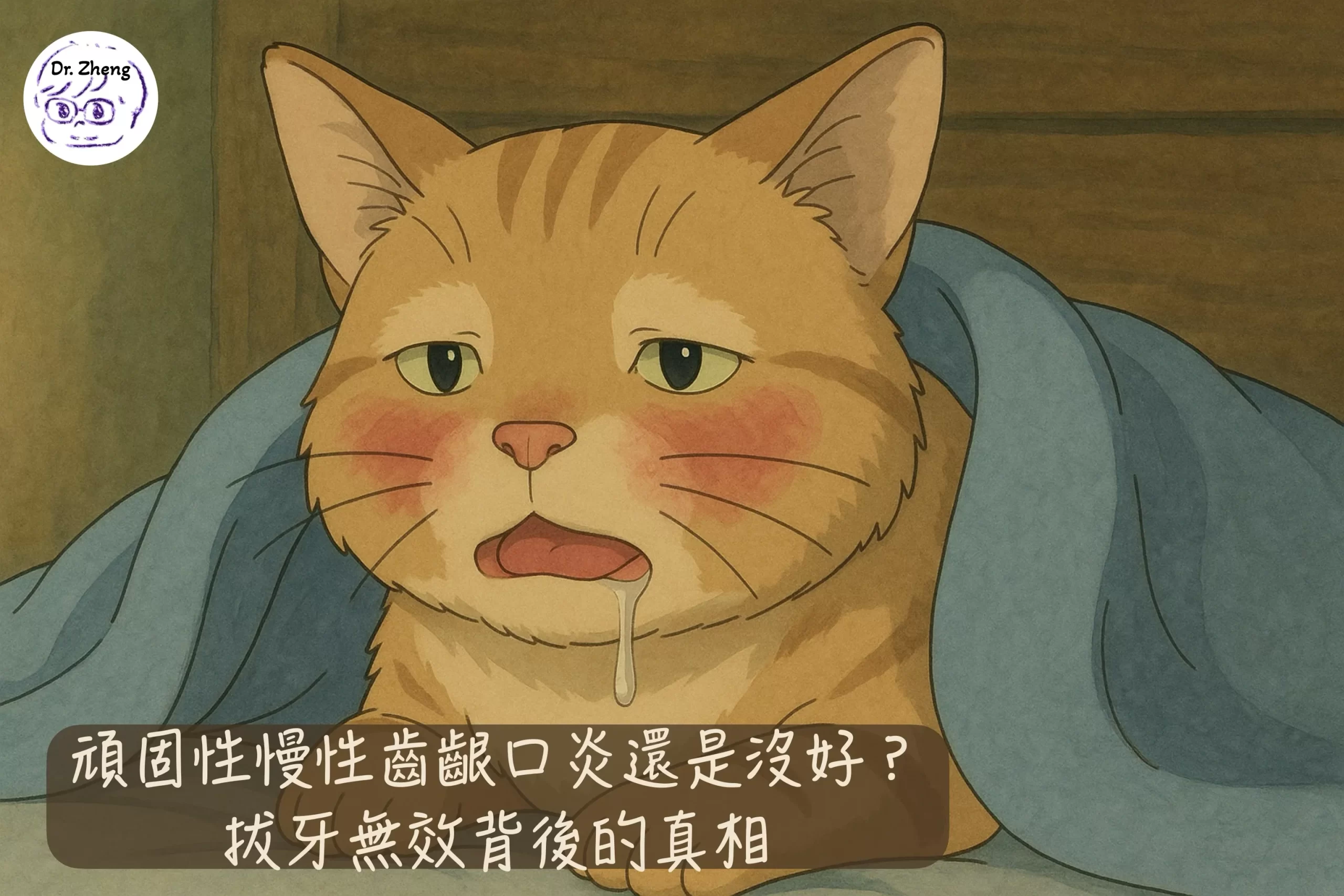 流口水、看起來不舒服的橘貓躺在毯子中，表情疲憊，是頑固性慢性齒齦口炎的典型模樣