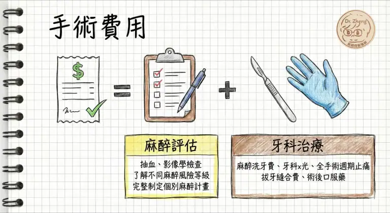 犬貓牙科手術費用組成,包含麻醉評估與牙科處置兩大區塊。
