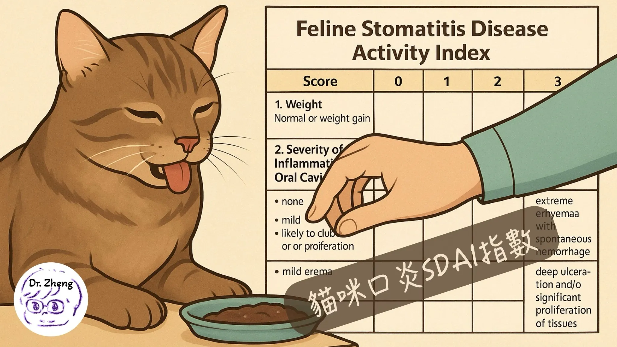 貓咪口炎SDAI指數評估圖，顯示獸醫進行臨床檢查並搭配表格評分