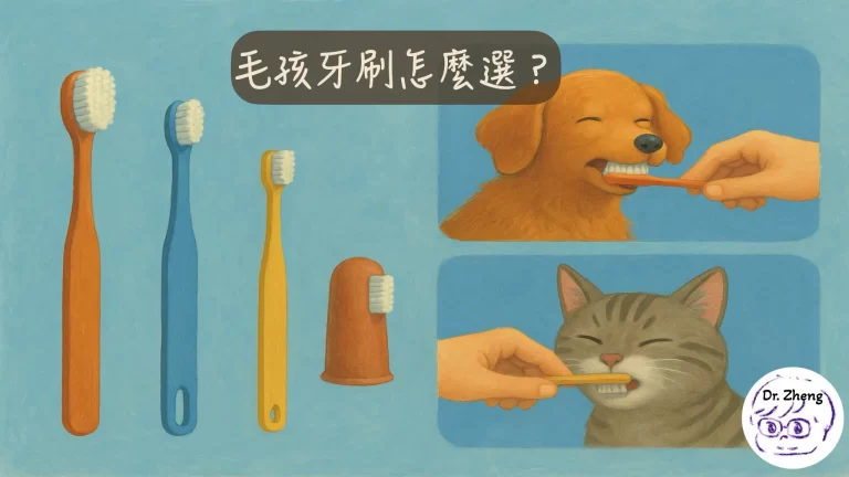 狗狗與貓咪正在刷牙，旁邊展示四款不同的牙刷，包含指套刷與嬰兒刷頭