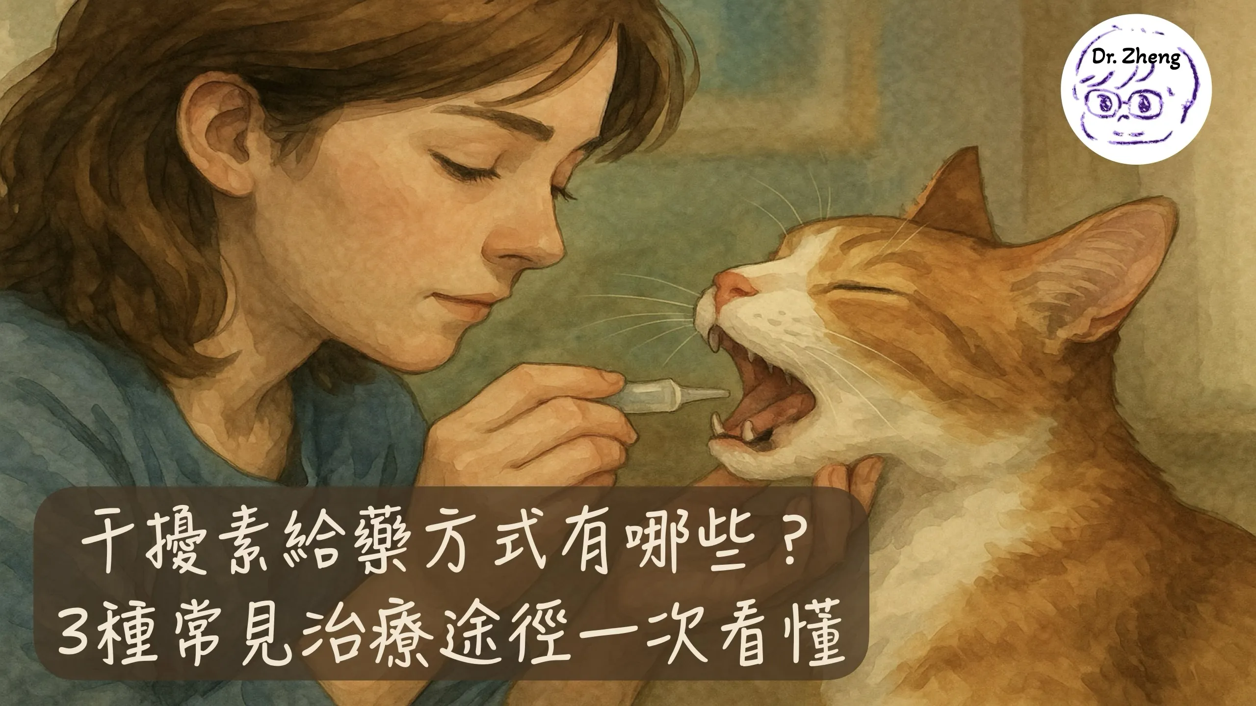 飼主正在協助貓咪進行干擾素口腔塗抹，此為最常見的貓咪干擾素給藥方式