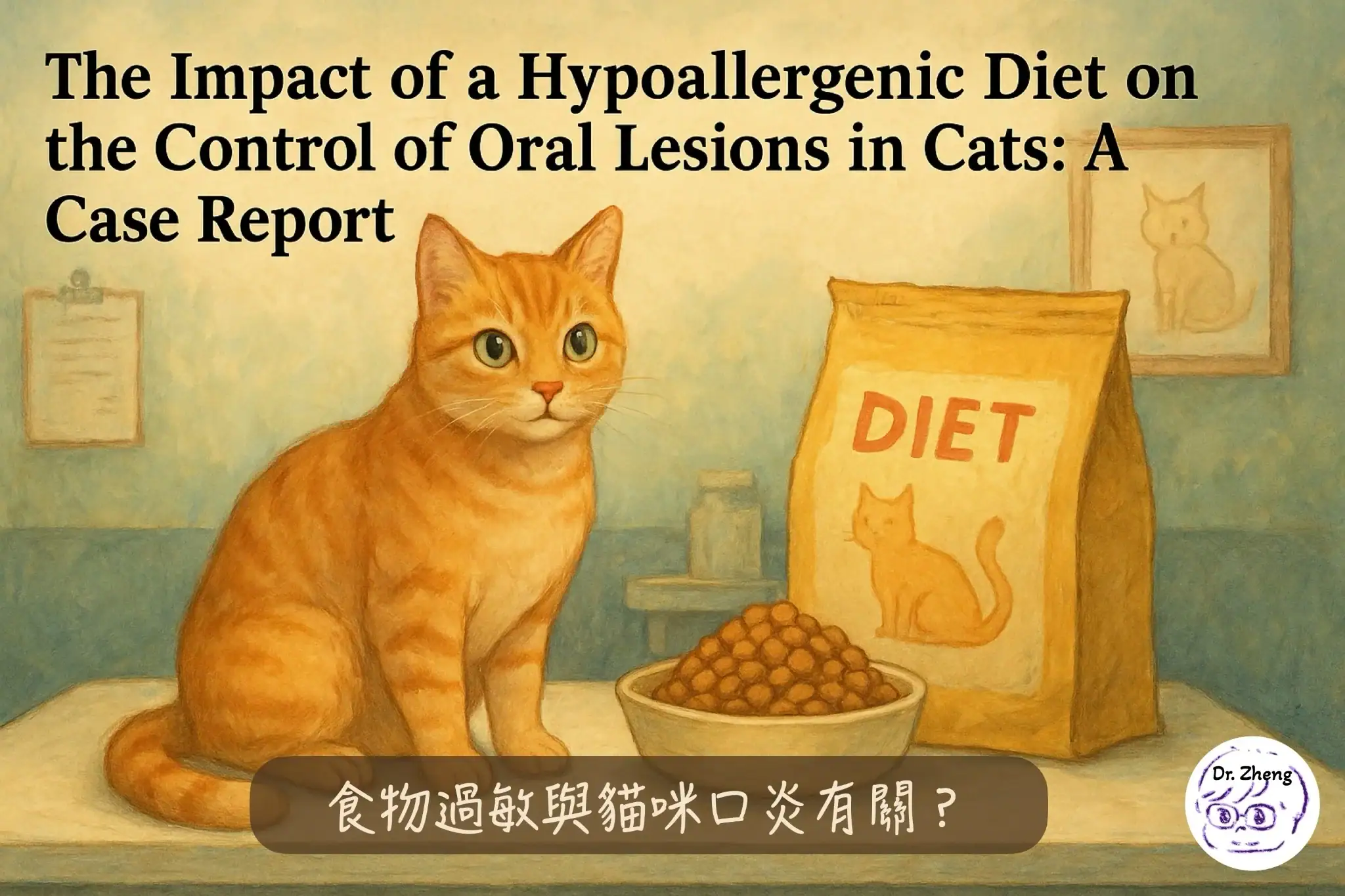 貓口炎與食物過敏的關聯，橘貓在診療台旁與低敏處方飼料袋