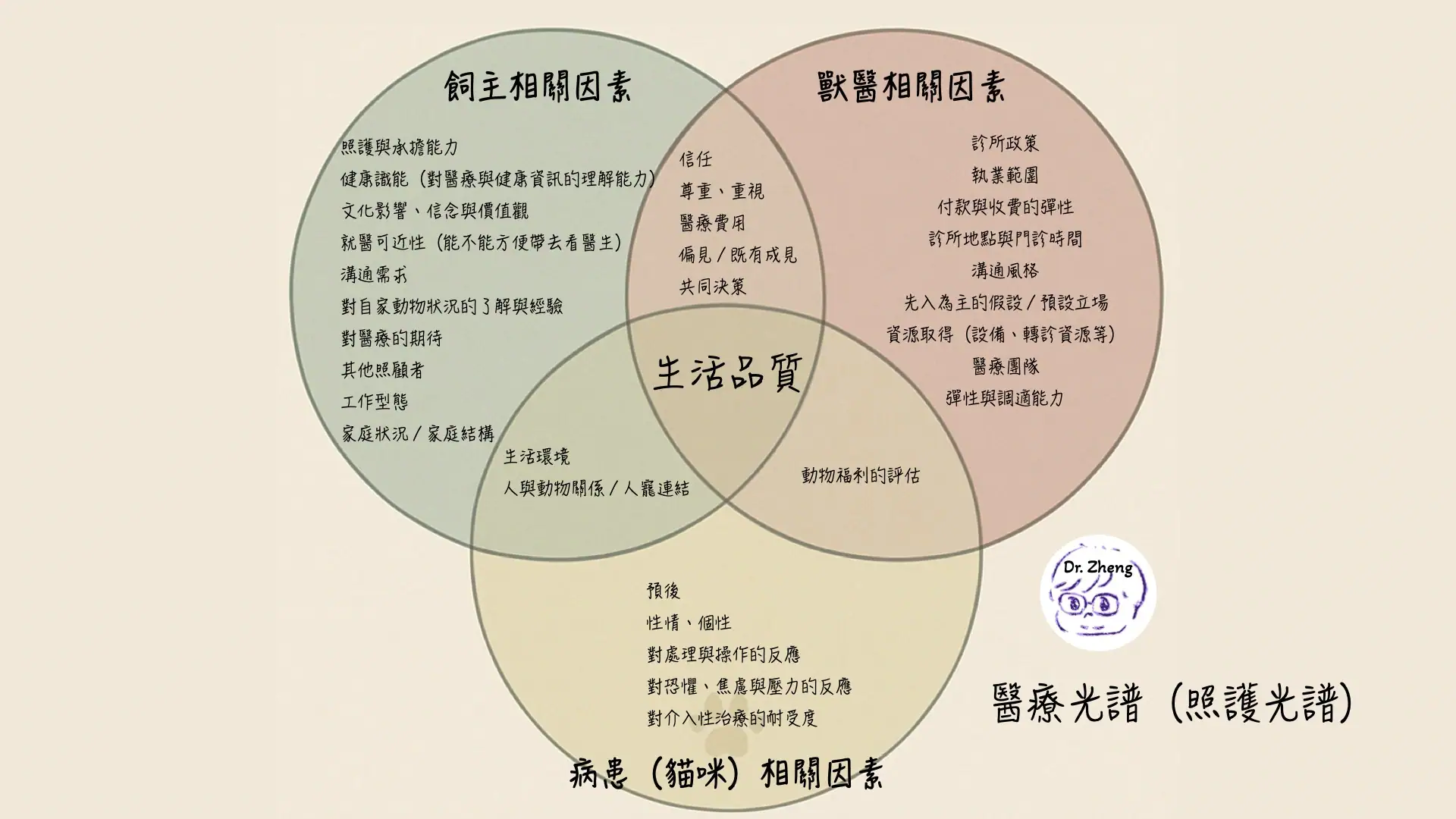 在實際獸醫診療中，飼主因素、貓咪本身的狀況，以及獸醫端的條件，這三大面向共同形塑了『醫療光譜』式的貓咪口腔健康照護決策。